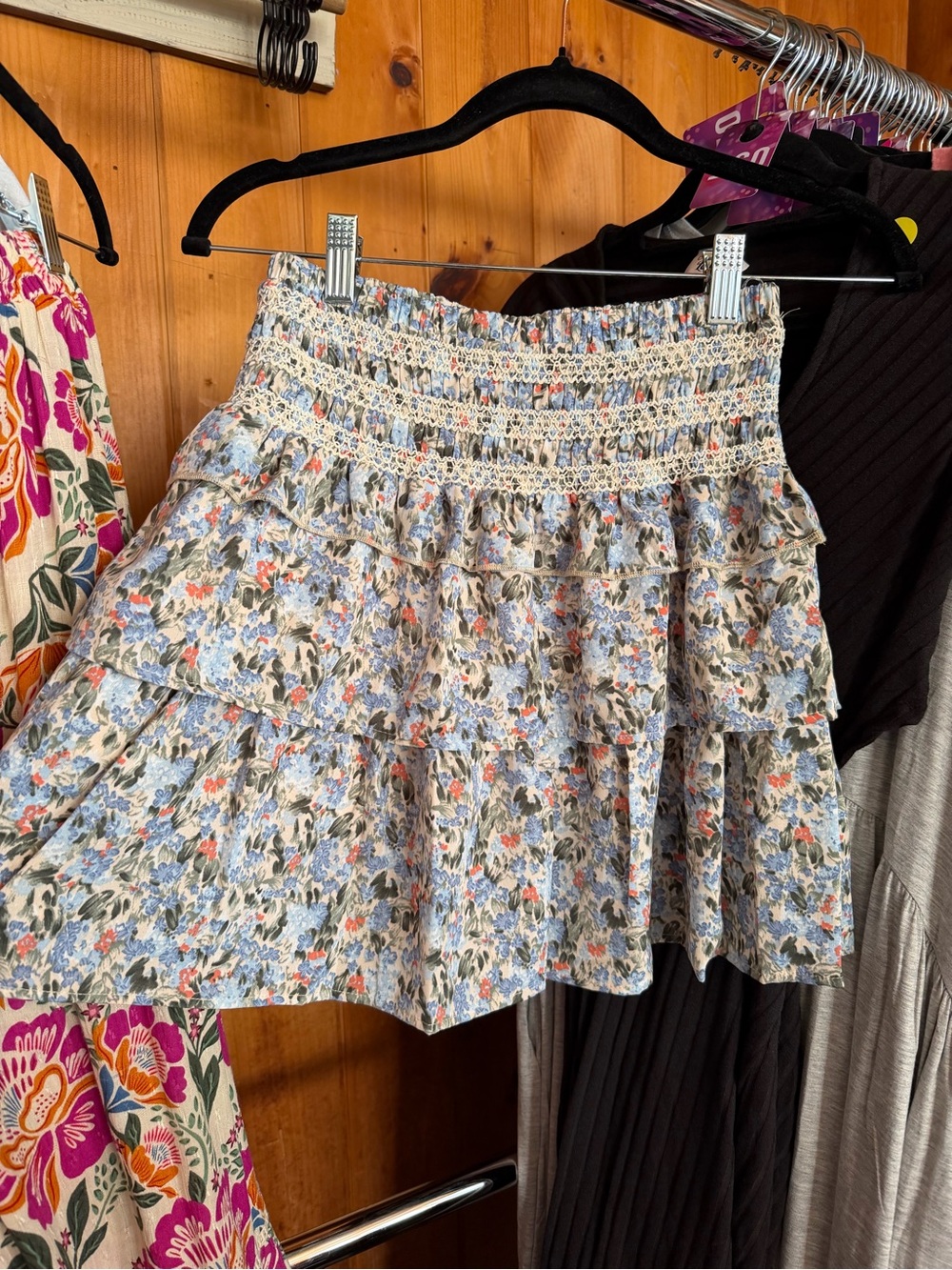 Smocked Waist Floral Tiered Mini Skirt - Blue Floral